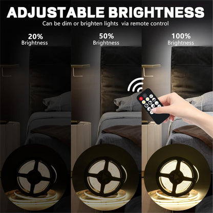 MOMKHBEY COB LED Strip 5 m, 4000 K Natural White LED Strip DC24 V with GS Power Supply, RF Remote Control, 480LEDs/M, CRI 93+, 8 mm Width, Dimmable LED Light Strips for Bedroom, Kitchen, Home