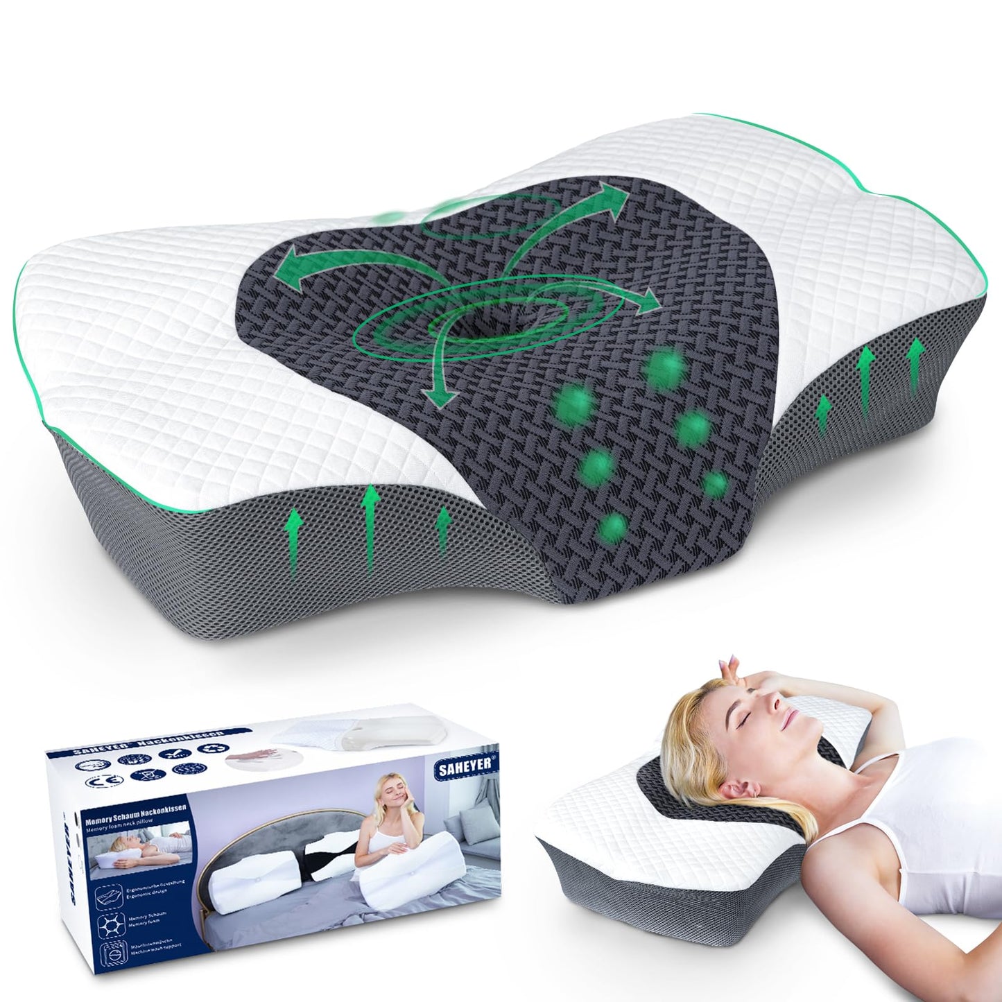 Perna ergonomica cervicala 63.5x40.6cm SAHEYER + spuma memory, suport gat