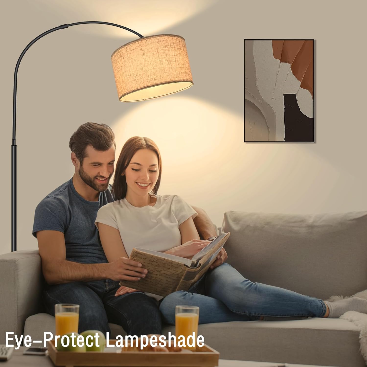 Fortand Arc Lamp Living Room Floor Lamp, LED Floor Lamp with 3 Colour Temperatures 12 W E27 Arch Light Modern Floor Lamp Reading Lamp with Linen Lampshade & Foot Switch Retro for Bedroom
