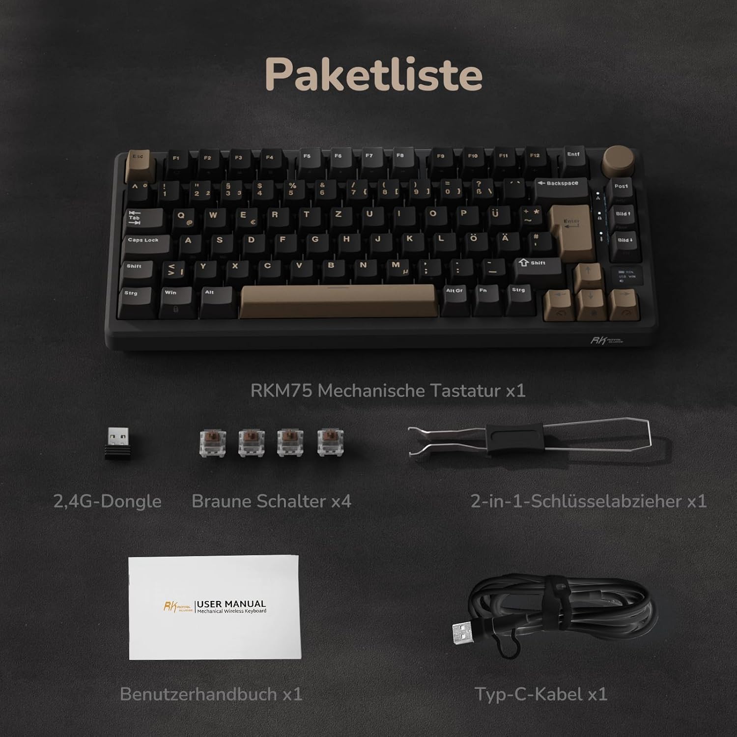 RK ROYAL KLUDGE M75 Gaming Keyboard Wireless, 75% Percent TKL Mechanical Keyboard, RGB, 2.4GHz Wireless/Bluetooth/USB-C, QWERTZ with OLED Smart Display and Button, Hot-Swappable Brown Switch, Grey