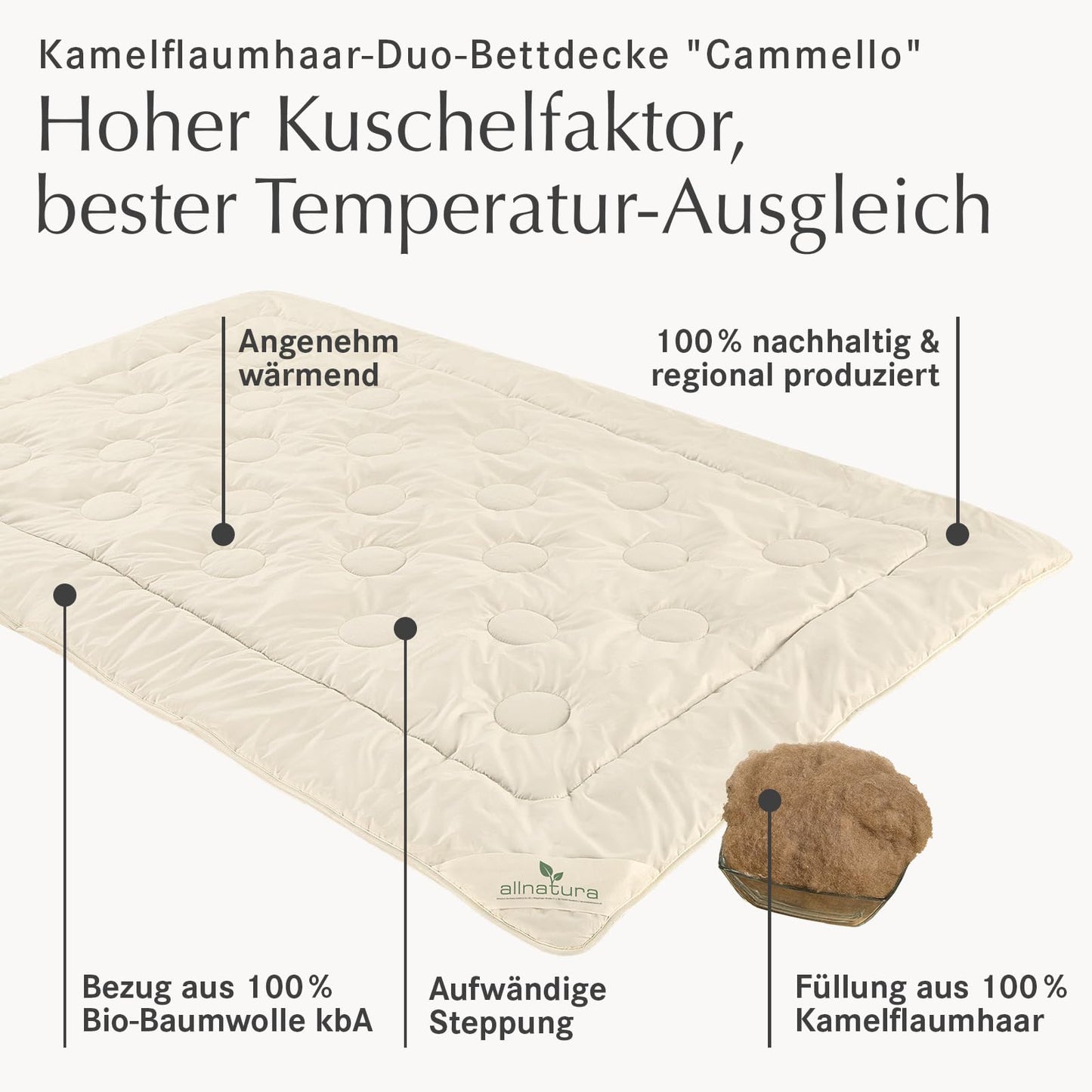 Plapuma din puf de camila si pene allnatura Ansara Ultralight 135x200 cm, clasa caldura 1, certificata Downpass, fabricata in Germania