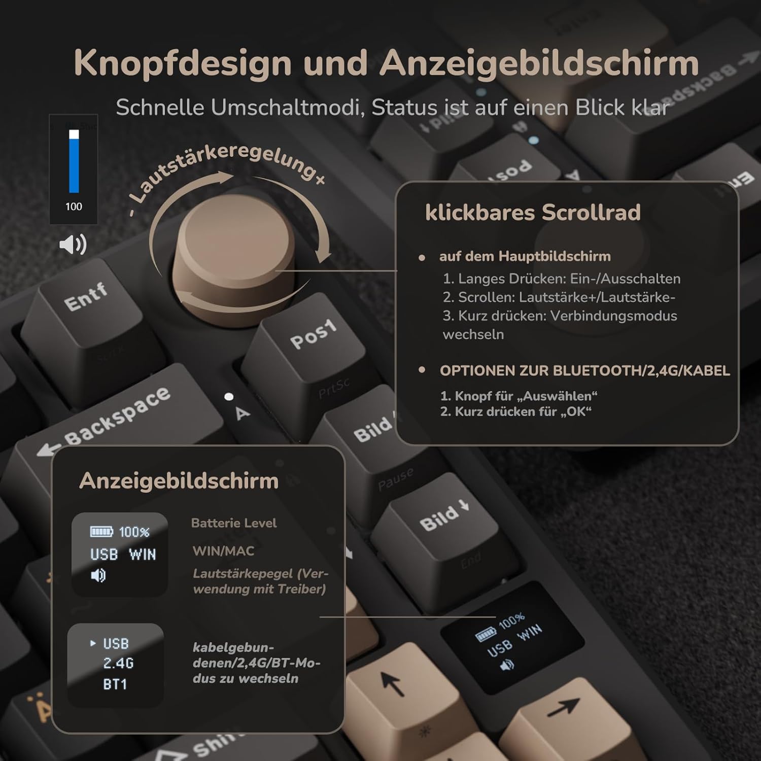 RK ROYAL KLUDGE M75 Gaming Keyboard Wireless, 75% Percent TKL Mechanical Keyboard, RGB, 2.4GHz Wireless/Bluetooth/USB-C, QWERTZ with OLED Smart Display and Button, Hot-Swappable Brown Switch, Grey