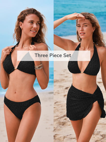 Costum de baie XL CUPSHE Bikini 3 piese V-neck texturat halter