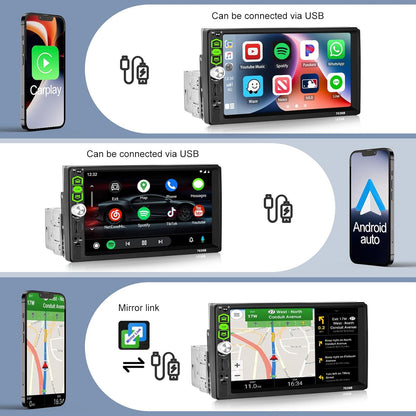 CAMECHO 1 DIN Car Radio with CarPlay Android Car 7 Inch Screen with Bluetooth Touchscreen with Reversing Camera Mirror Link FM Radio SWC USB