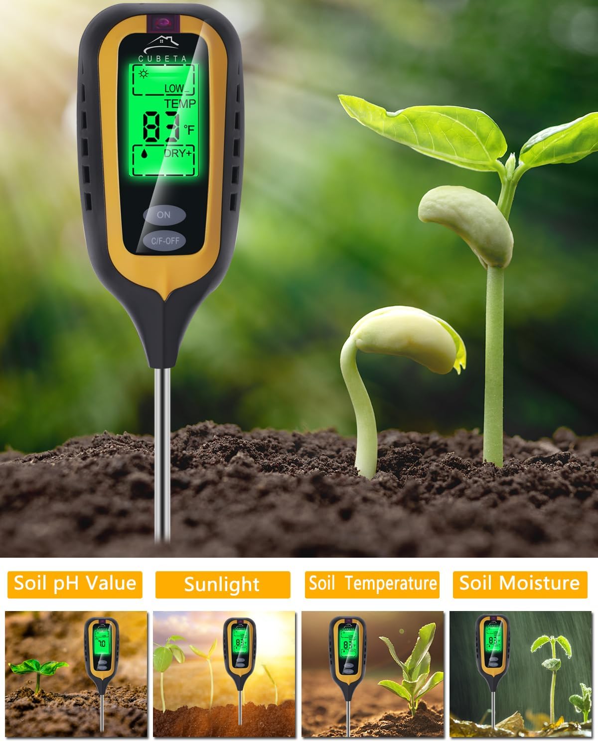 CUBETA Moisture Meter Plants Moisture Meter 4 in 1 Humidity/Temperature/pH/Light for Gardening, Lawn, Indoor Plants (Yellow)