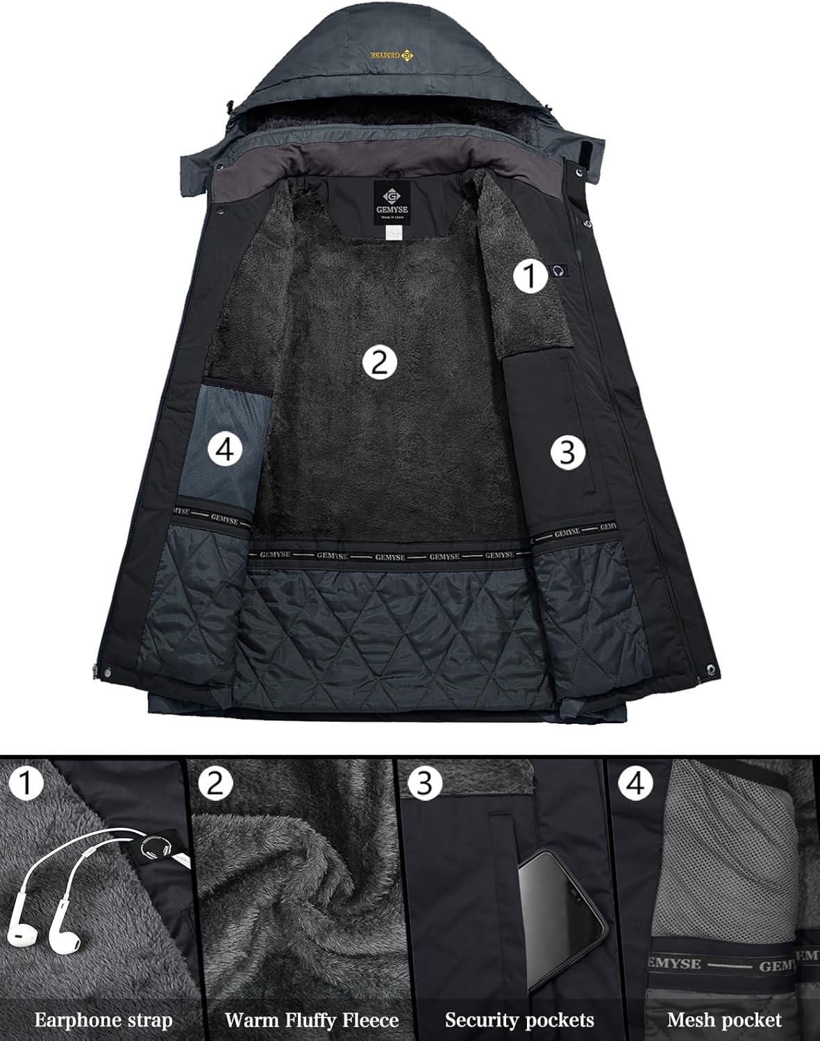 GEMYSE Men's Mountain Waterproof Ski Jacket Windproof Fleece Outdoor Winter Coat with Hood