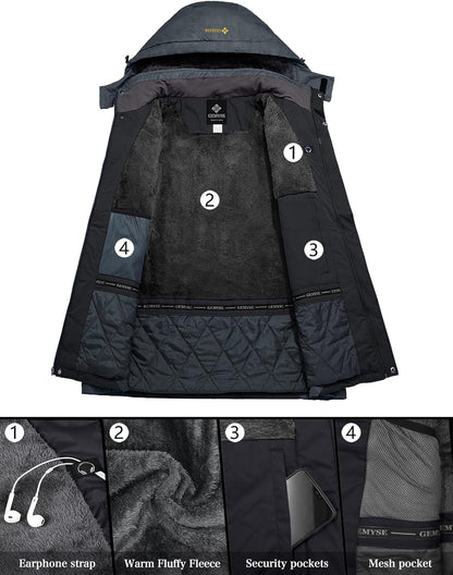 GEMYSE Men's Mountain Waterproof Ski Jacket Windproof Fleece Outdoor Winter Coat with Hood