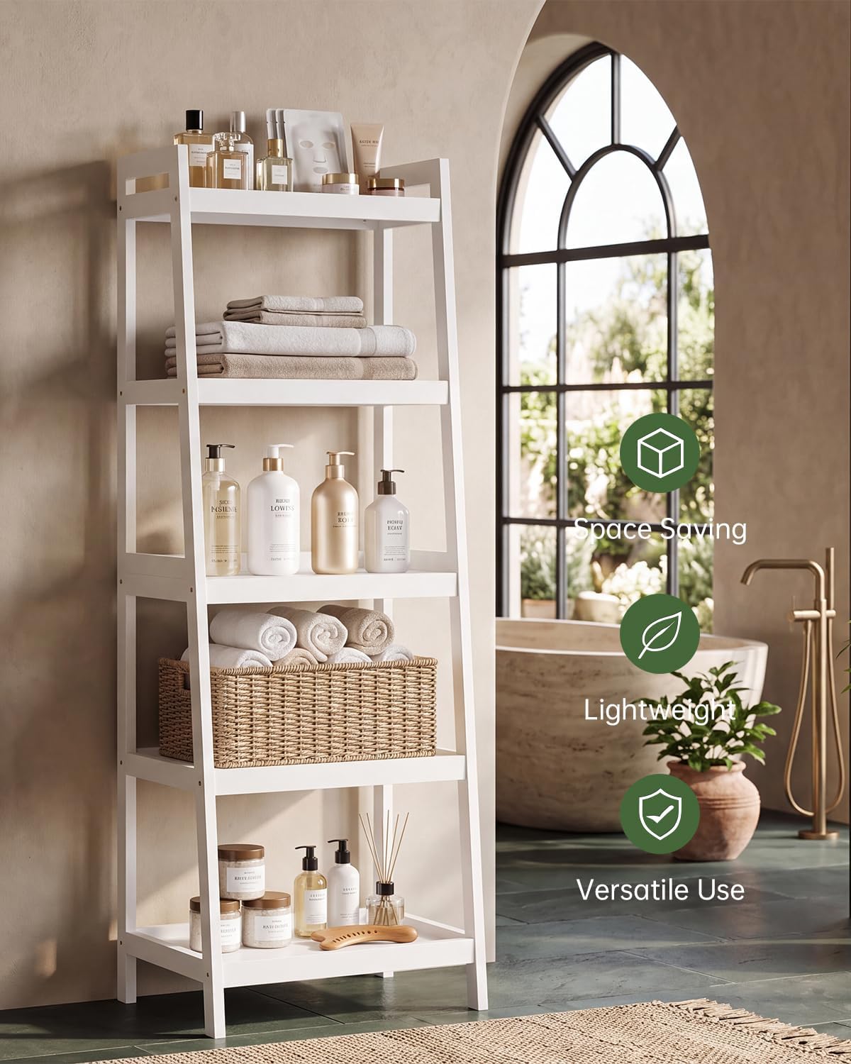 Etajera tip scara SMIBUY din bambus, 5 rafturi, 127 cm inaltime, alba