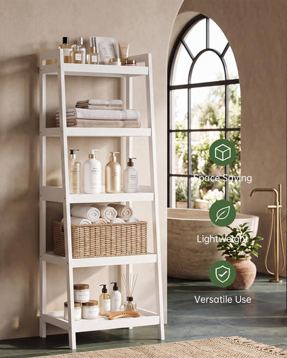 Etajera tip scara SMIBUY din bambus, 5 rafturi, 127 cm inaltime, alba