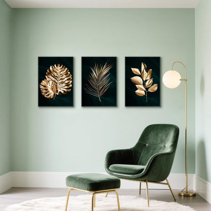 Tablou canvas Halflemart Golden Leaves 3 panouri 150x70 cm