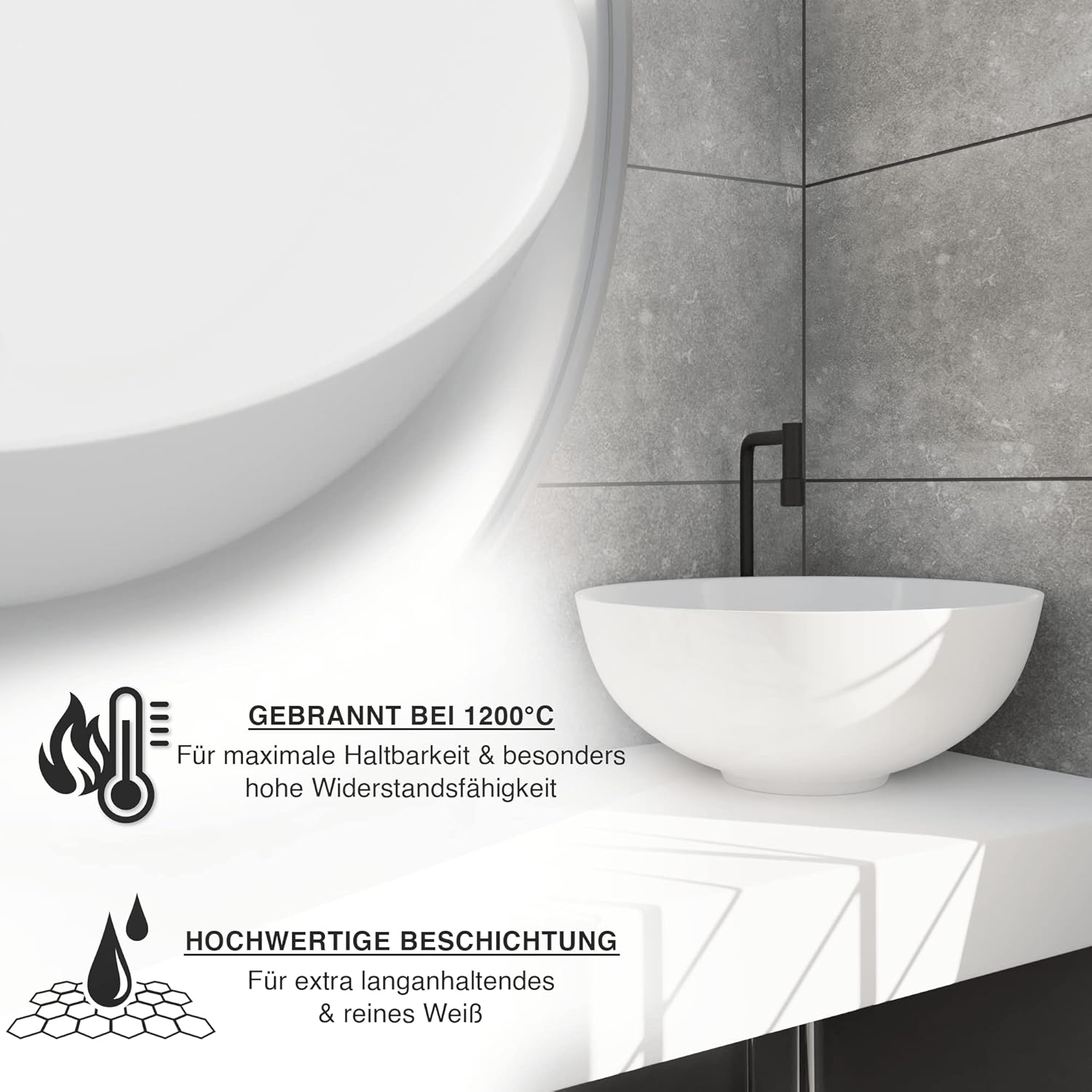 VMbathrooms Premium Round Washbasin with Lotus Effect, Above-Counter Basin for the Bathroom and Guest Toilet, Wash Basin without Tap Hole and without Overflow, Pure White Above-Counter Basin