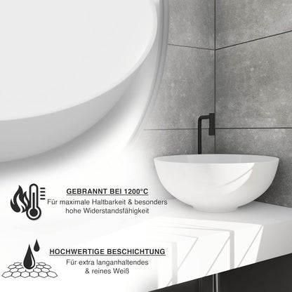 VMbathrooms Premium Round Washbasin with Lotus Effect, Above-Counter Basin for the Bathroom and Guest Toilet, Wash Basin without Tap Hole and without Overflow, Pure White Above-Counter Basin