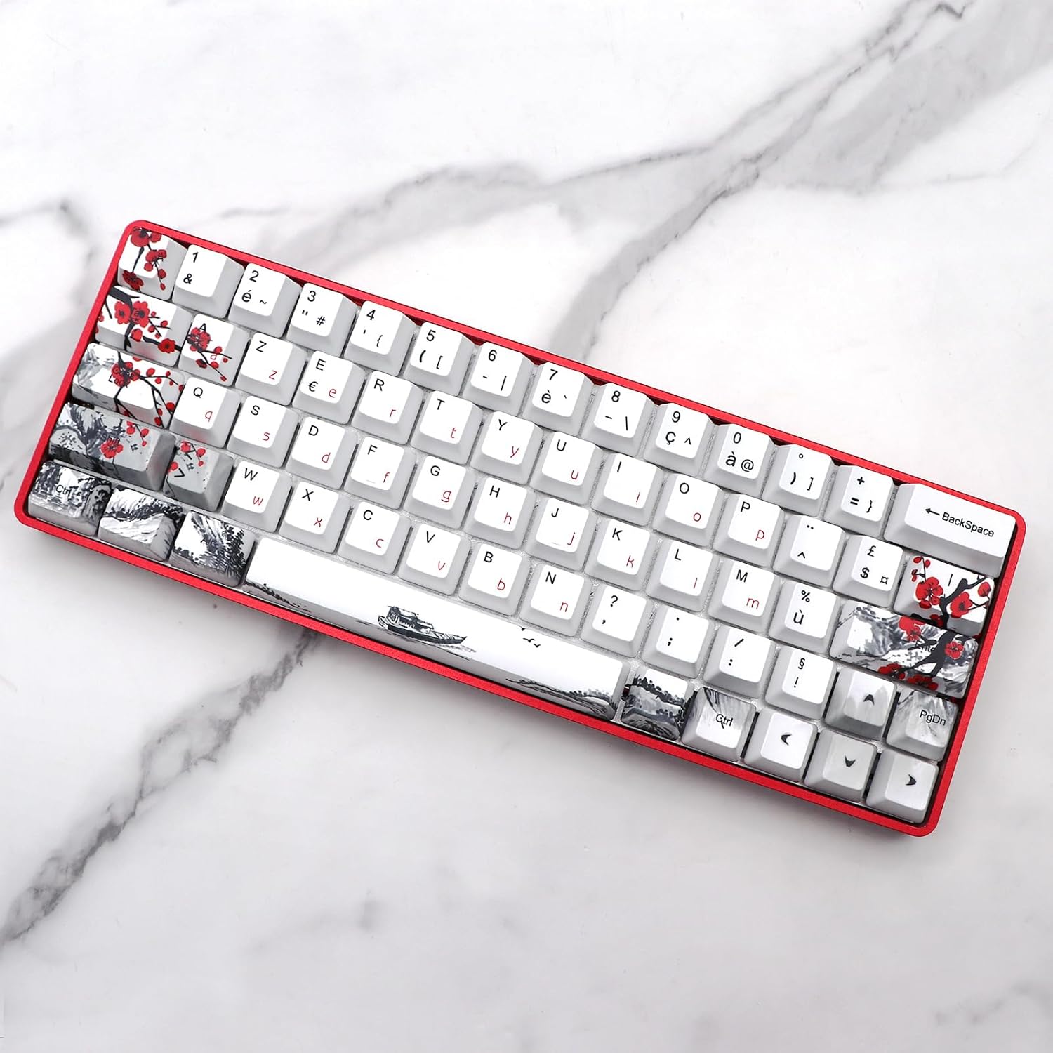 JSJT Plum Blossom Keycaps 128 Keys French Keycaps PBT OEM Profile Custom Keycaps for 61/68/87/96/104/108 Cherry MX Switches Mechanical Keyboard