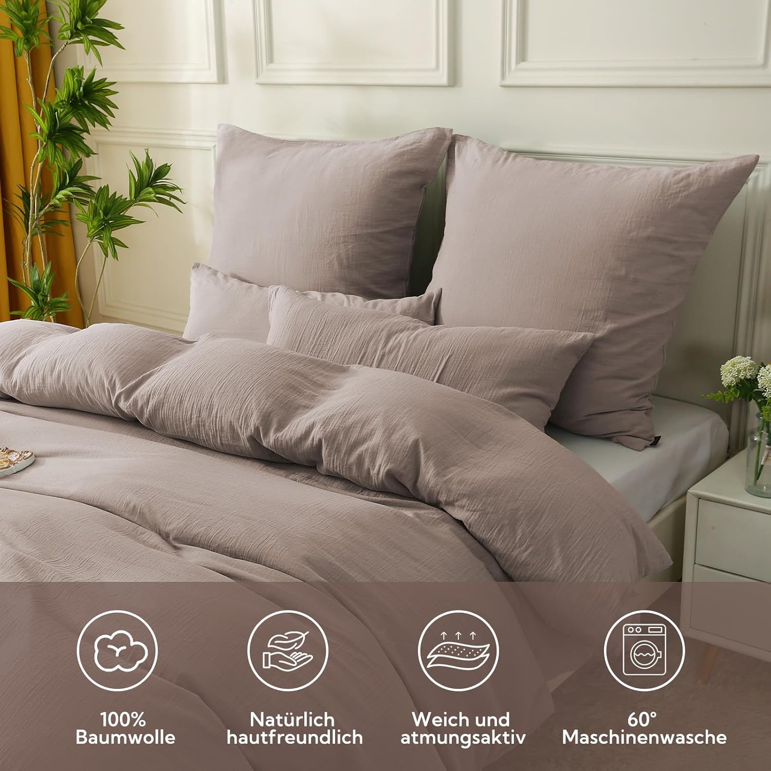 SOULFUL Double Muslin Bed Linen 200 x 200 cm Cotton, Bed Linen Sets 1 Duvet Cover with 2 Pillowcases 80 x 80 cm, Oeko-Tex Bed Linen Champagne Pink with Zip