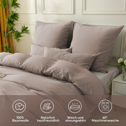 SOULFUL Double Muslin Bed Linen 200 x 200 cm Cotton, Bed Linen Sets 1 Duvet Cover with 2 Pillowcases 80 x 80 cm, Oeko-Tex Bed Linen Champagne Pink with Zip