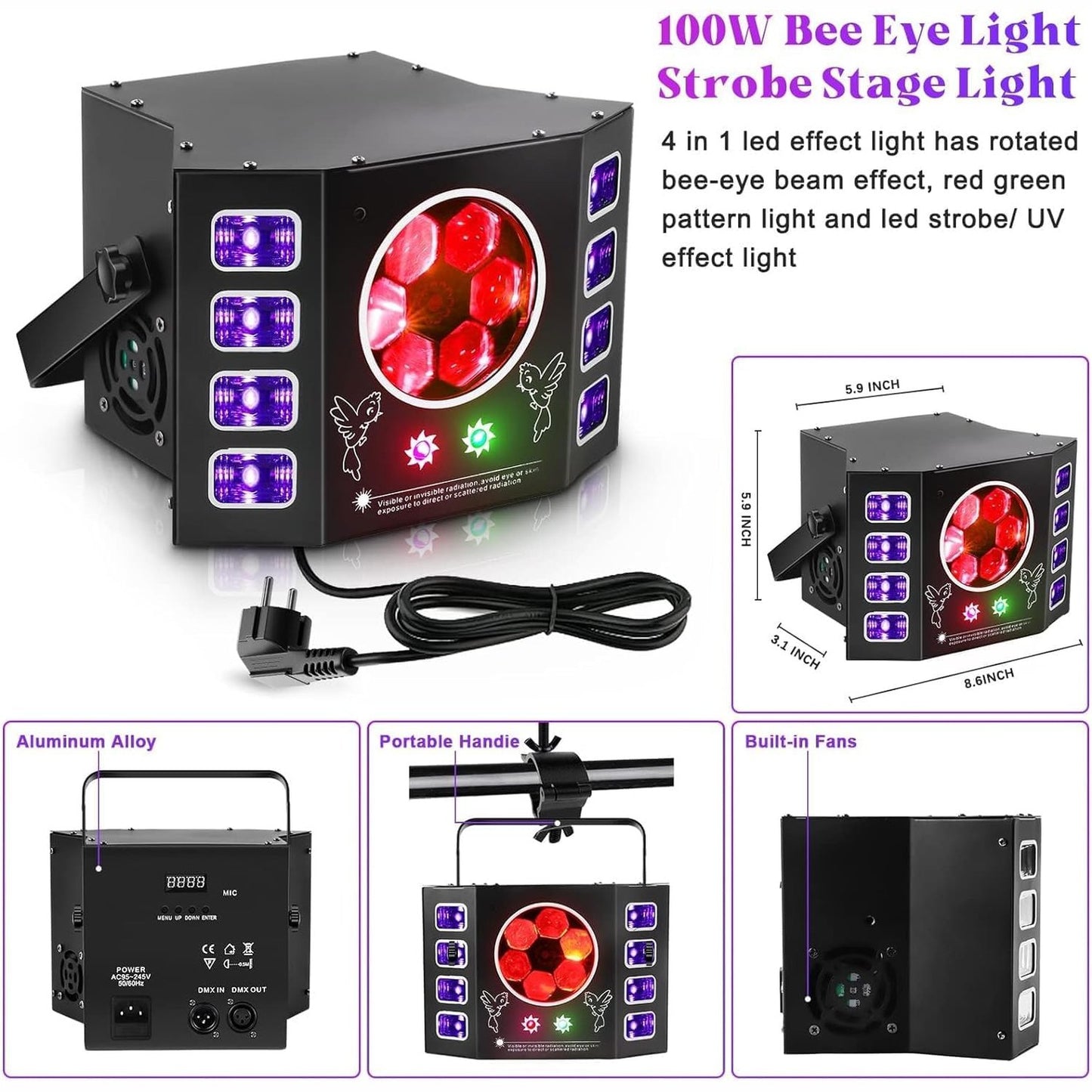 Disco Light, 100W Disco Light, Party Light, Beeseye, UV Flash Light, 14 Channel DMX with Voice Control, Remote Control, Suitable for Wedding, Birthday Party, Halloween, Bar Event