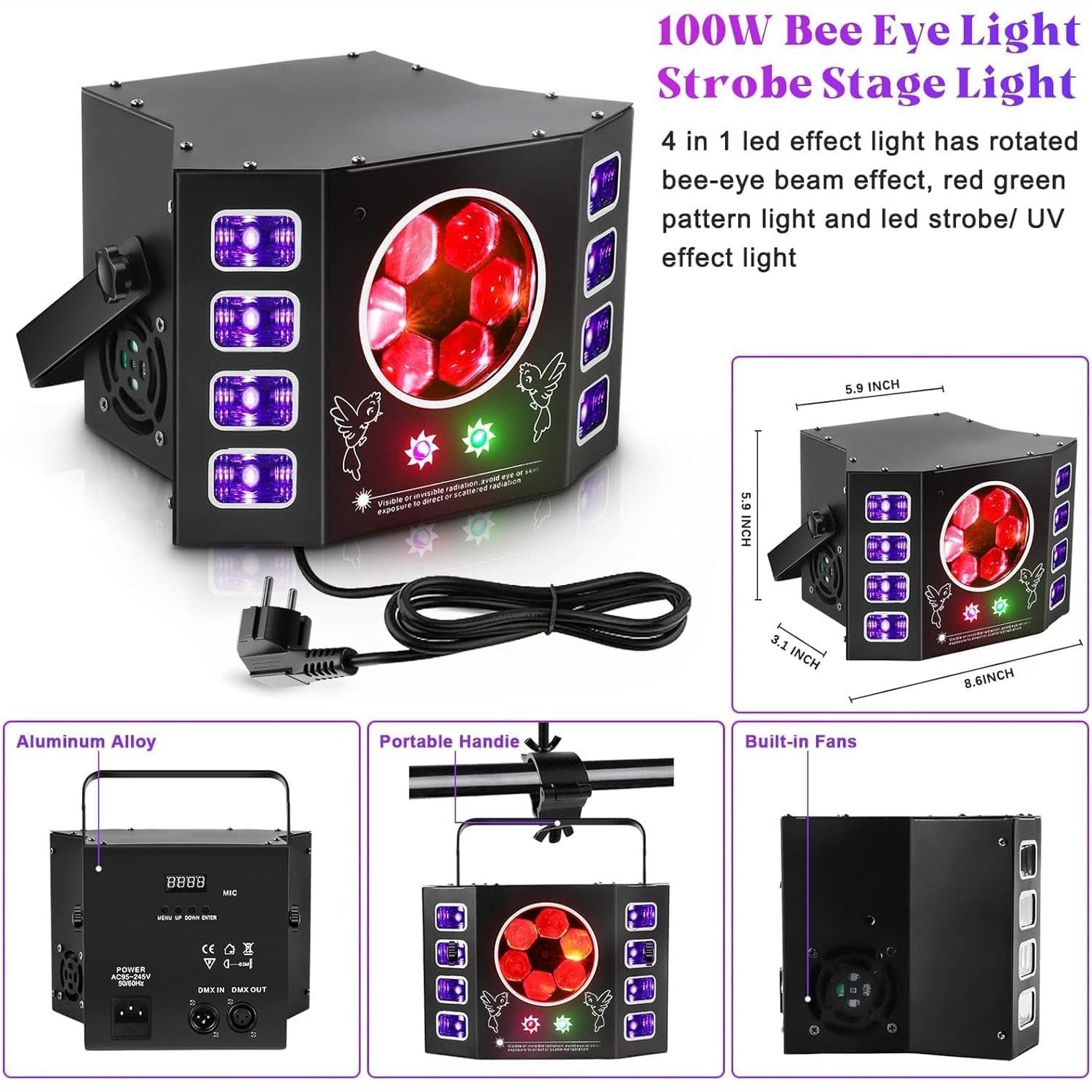 Disco Light, 100W Disco Light, Party Light, Beeseye, UV Flash Light, 14 Channel DMX with Voice Control, Remote Control, Suitable for Wedding, Birthday Party, Halloween, Bar Event