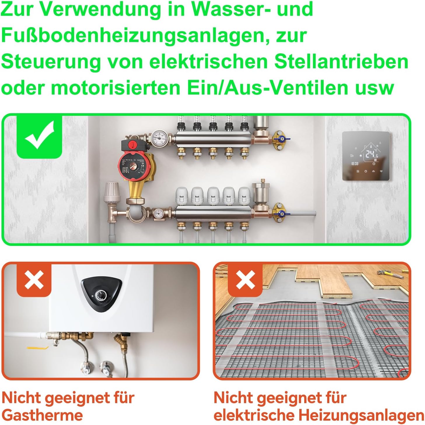 Beok Mirror Thermostat Underfloor Heating Smart WiFi Room Thermostat Heating Thermostat with Digital LCD Wall Thermostat for Water Underfloor Heating Compatible Tuya, Alexa, Google Home 3A