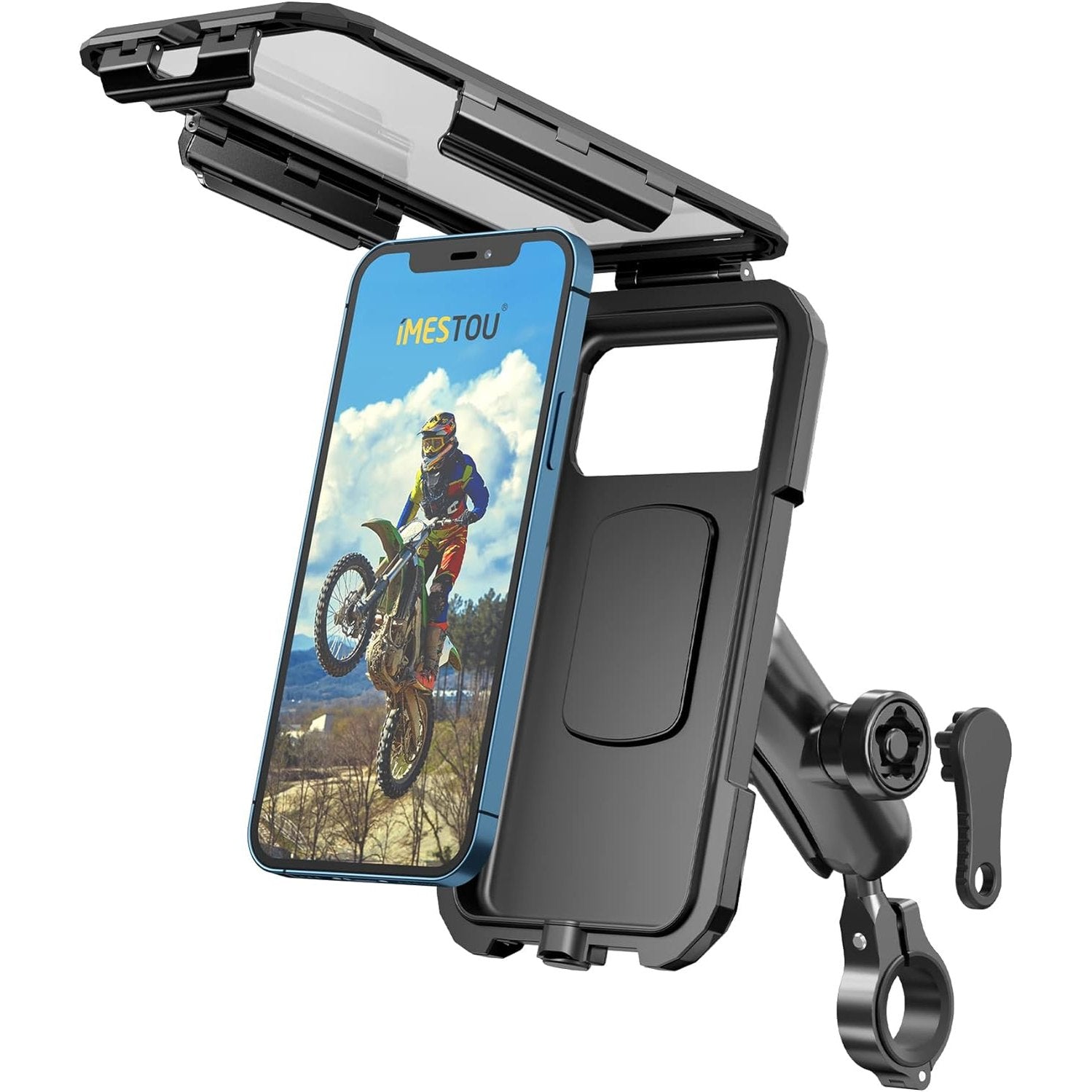 iMESTOU Waterproof IP67 Motorcycle Phone Mount, Bike Mount with 1" Dual Ball Base Arms (S- for 3.5-6.1" Phones)