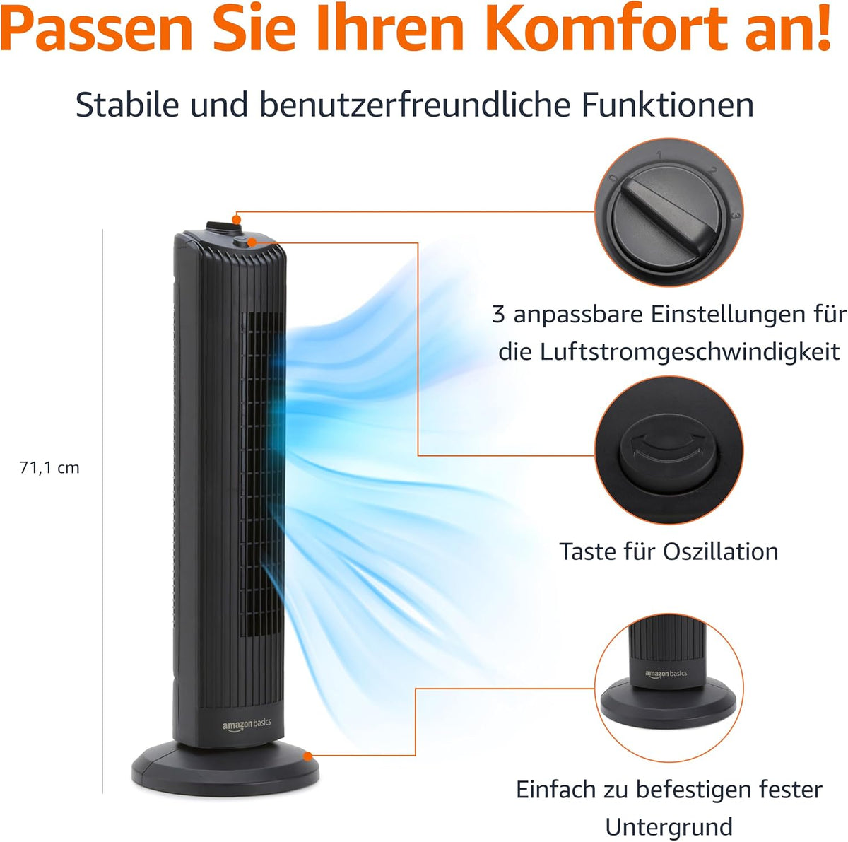 Ventilator turn Amazon Basics oscilant, 3 viteze, 35 W, negru mat