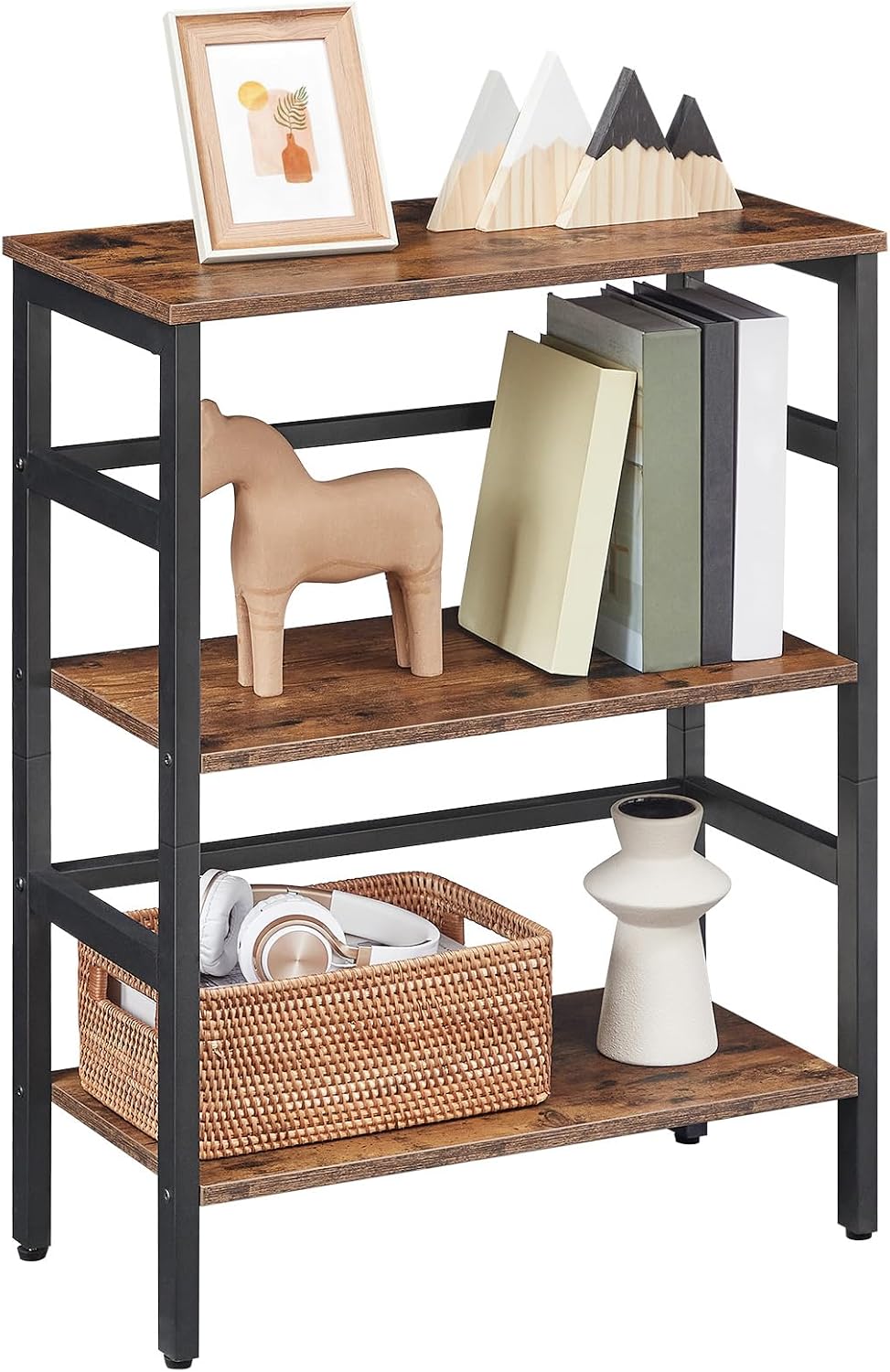 Etajera tip scara HOOBRO cu 3 niveluri, 60 x 28 x 81 cm, maro rustic si negru