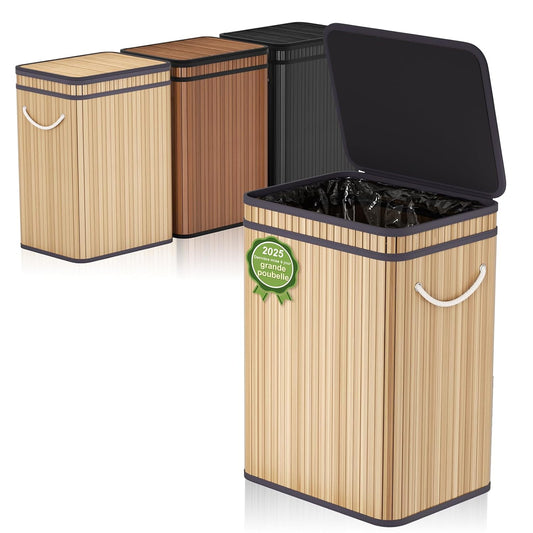 Cos de gunoi Mihoho din bambus cu capac, 80 L, kaki