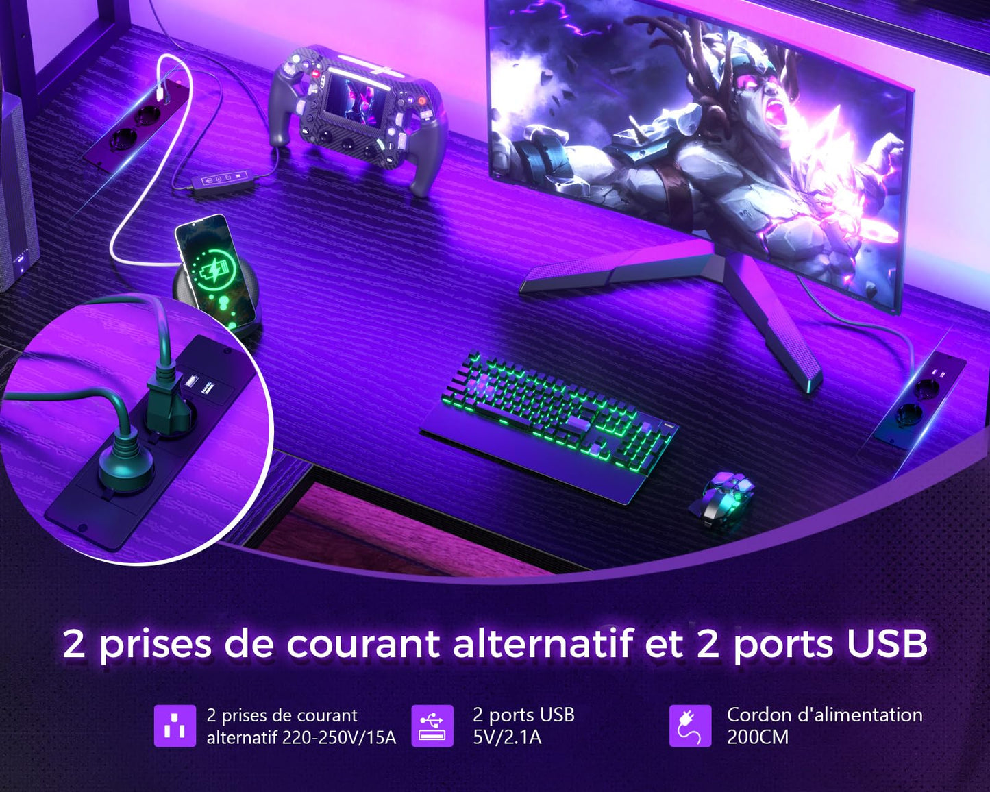 Birou gaming colt ODK L Shape 150x120 cm cu LED si USB