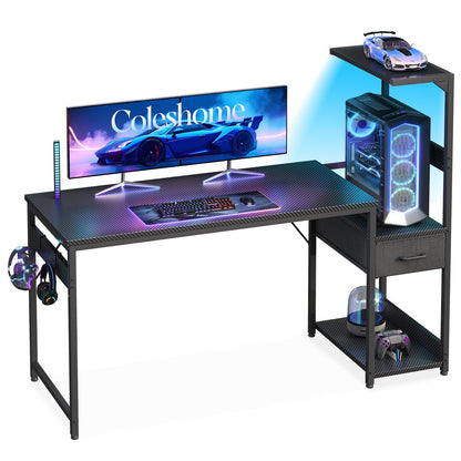 Birou gaming 138x48 cm cu LED, sertare si raft reversibil Coleshome