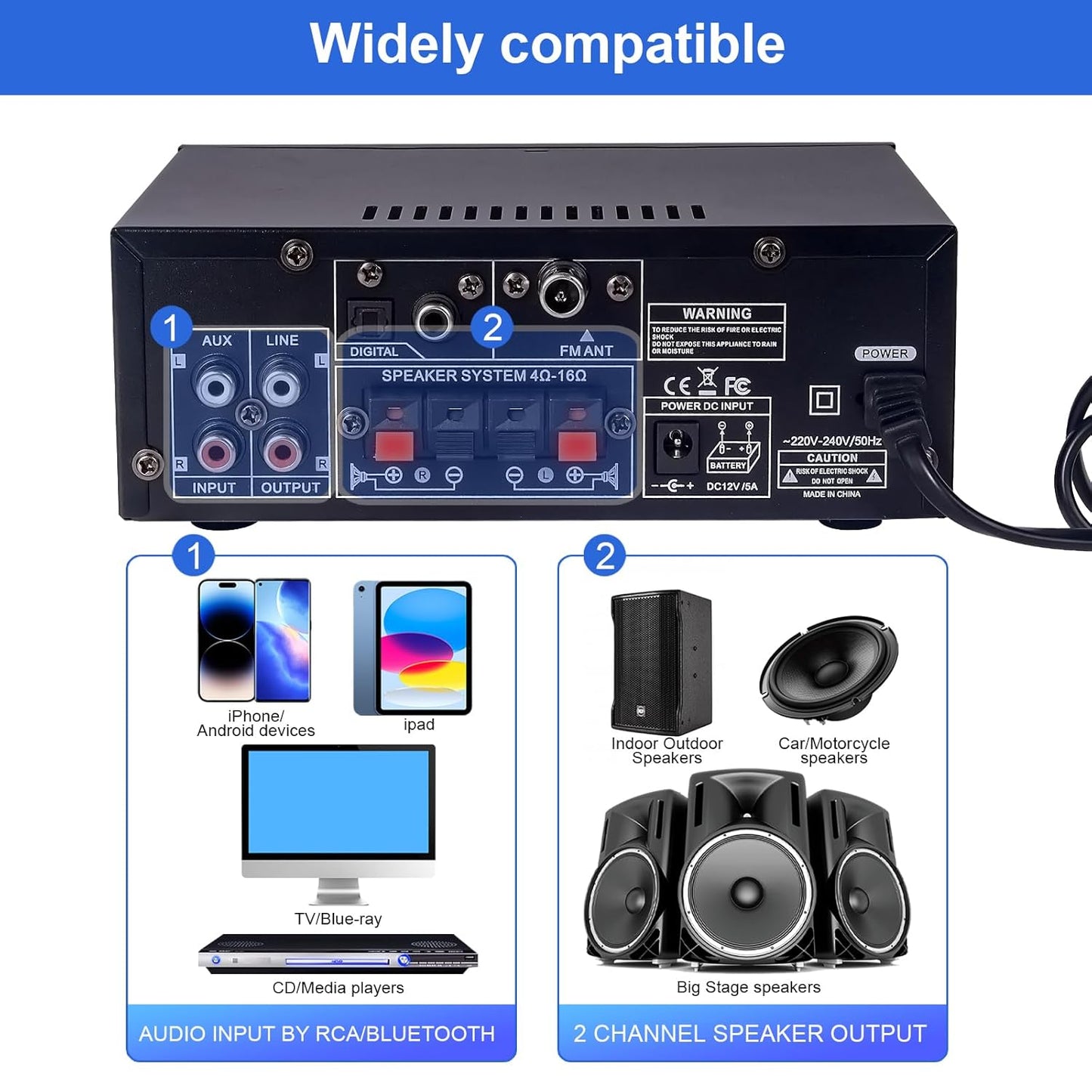 1000W Amplificateur, Bluetooth 5.3 Audio, Stéréo Audio Récepteur Ampli HiFi à 2.0 CH 60W x2 avec Bass/Treble/AUX/FM/MIC/USB, Convient pour Deux Haut-parleurs d'environ 10 Pouces, pour Ampli Voiture