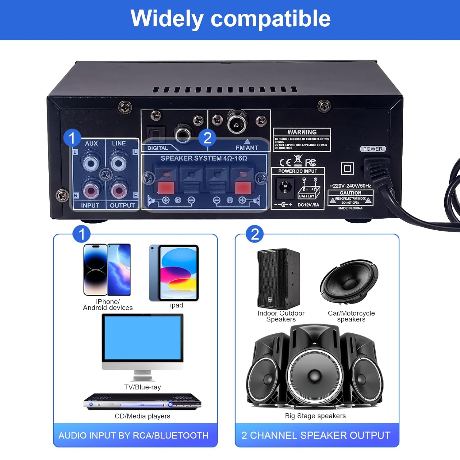1000W Amplificateur, Bluetooth 5.3 Audio, Stéréo Audio Récepteur Ampli HiFi à 2.0 CH 60W x2 avec Bass/Treble/AUX/FM/MIC/USB, Convient pour Deux Haut-parleurs d'environ 10 Pouces, pour Ampli Voiture