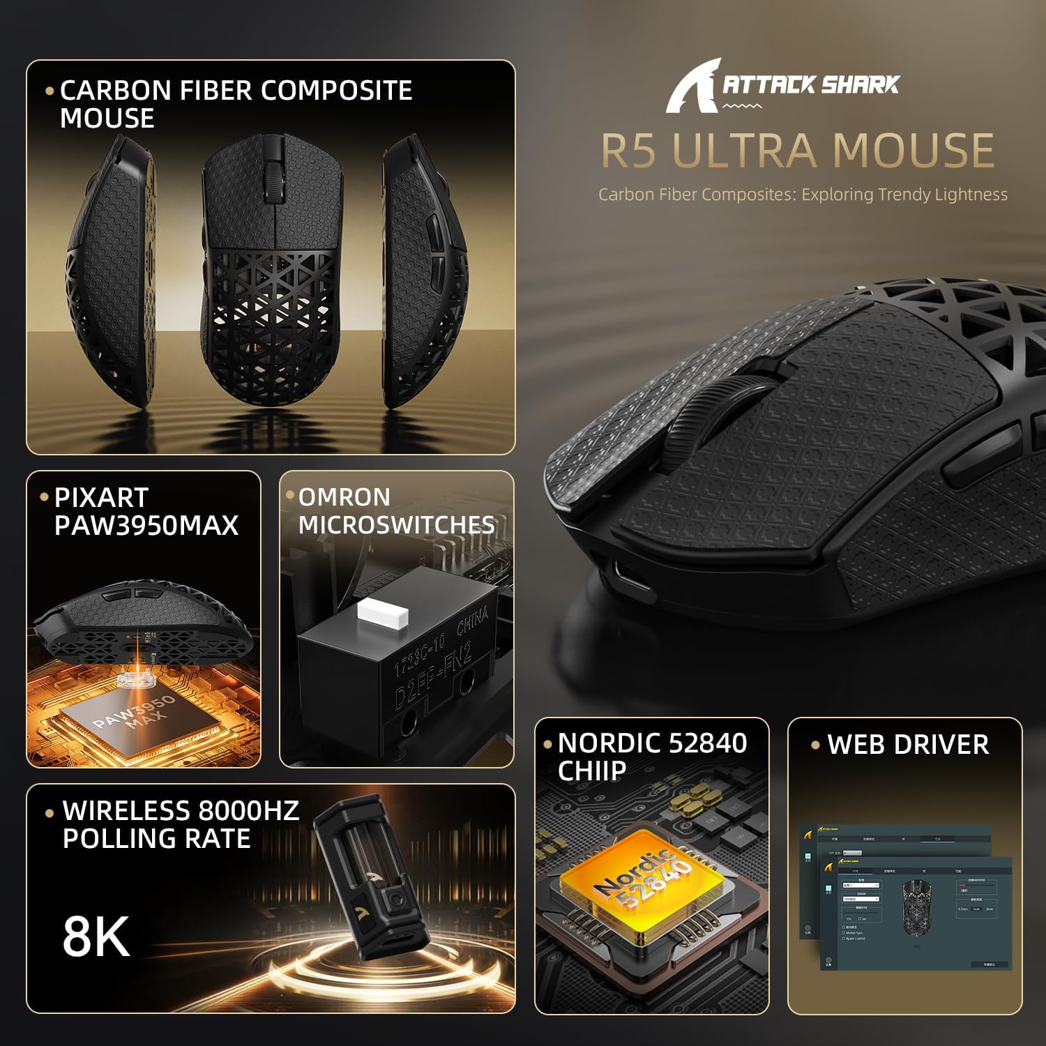 ATTACK SHARK R5 Ultra Carbon Fiber 8000Hz Wireless Gaming Mouse, 39g SUPERLIGHT, 42000DPI, PAW3950MAX Sensor, Nordic 52840 Chip, Bluetooth/2.4G/USB-C Wired Mice with Coiled Cable, for PC/Mac, Black