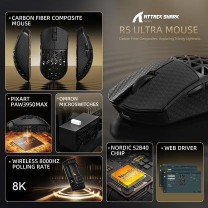 ATTACK SHARK R5 Ultra Carbon Fiber 8000Hz Wireless Gaming Mouse, 39g SUPERLIGHT, 42000DPI, PAW3950MAX Sensor, Nordic 52840 Chip, Bluetooth/2.4G/USB-C Wired Mice with Coiled Cable, for PC/Mac, Black