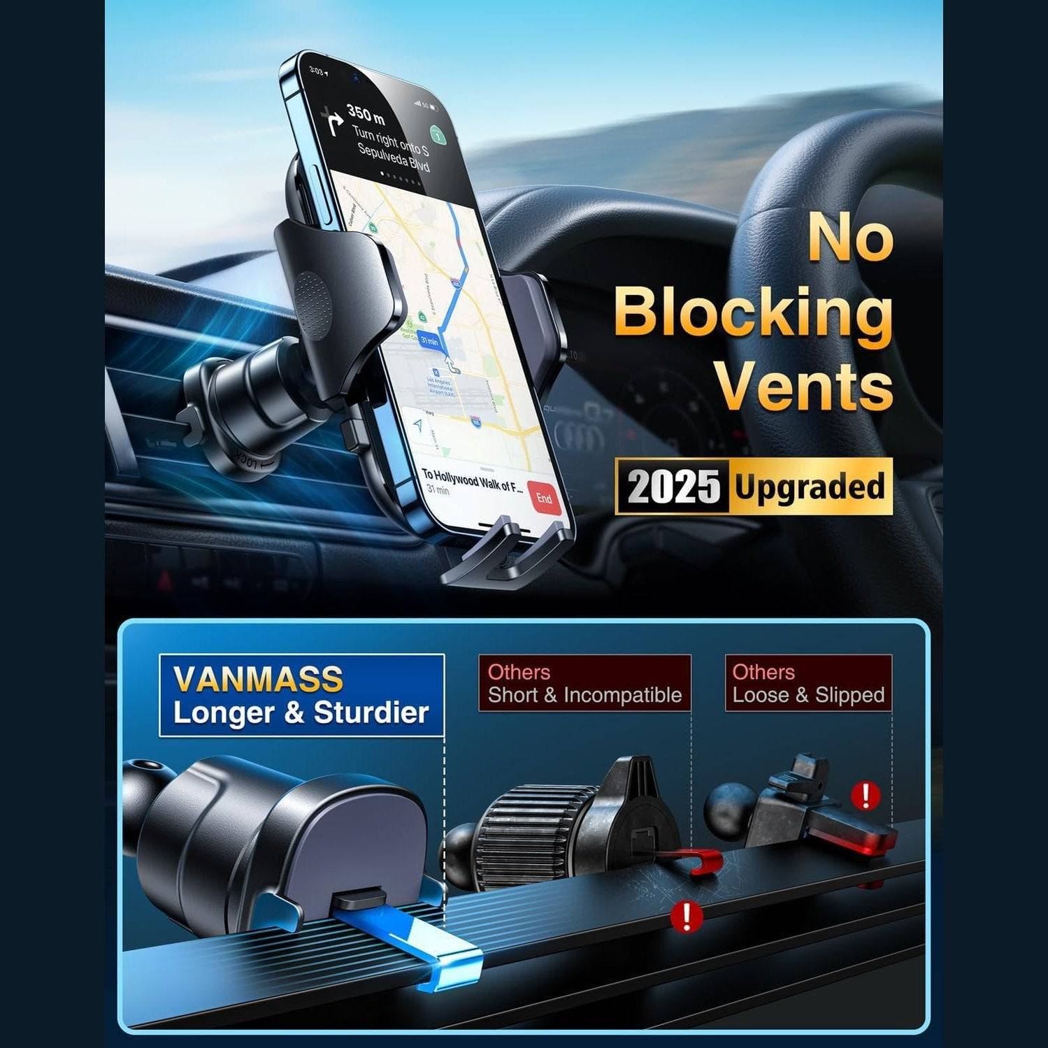 [2025 True Military-Grade] Car Phone Holder VANMASS [Upgraded Strongest Suction & Clip] Cell Phone Mount for Dashboard Windshield Vent,Truck Cradle Stand for iPhone 16 Pro Max 15 14 13 Samsung Android