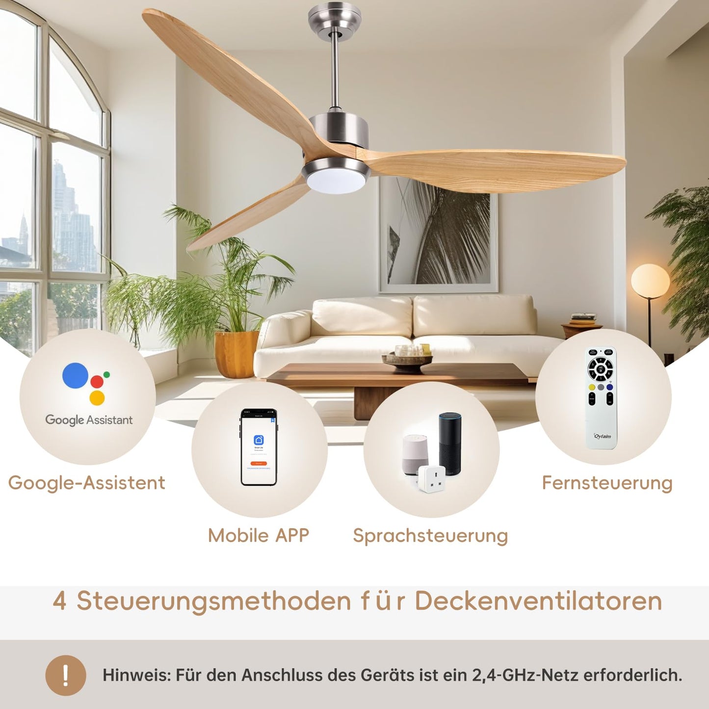 Ventilator tavan Ovlaim 165 cm Wi-Fi LED 6 viteze motor DC silentios