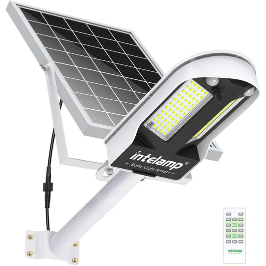 intelamp Outdoor Solar Street Light, Dual Motion Sensor, 12500 mAh 3000 lm Super Bright Outdoor Solar Spotlight with Remote Control, 4 Modes Outdoor Solar Lamp