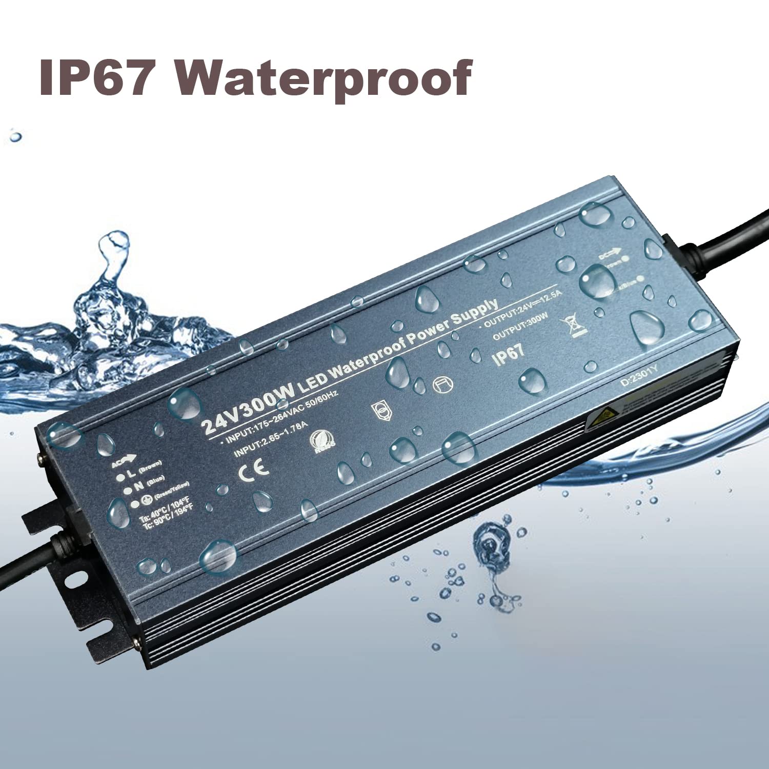 Alinana LED Transformer 24 V 300 W, IP67 Waterproof Transformer 230 V to 24 V, 24 V Power Supply 300 W for LED Strip Lamps, Transformer 24 V 0-12.5 A