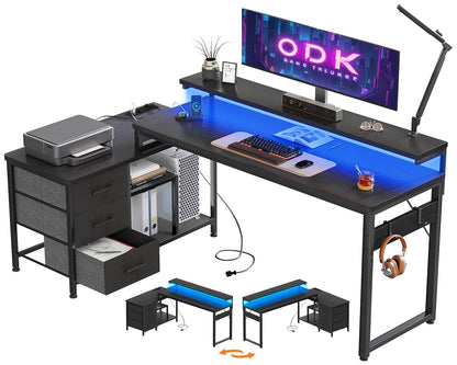 Birou in forma de L 174x100 cm, cu sertare si raft, reversibil, suport monitor, LED, porturi USB si priza, negru, ideal gaming si birou