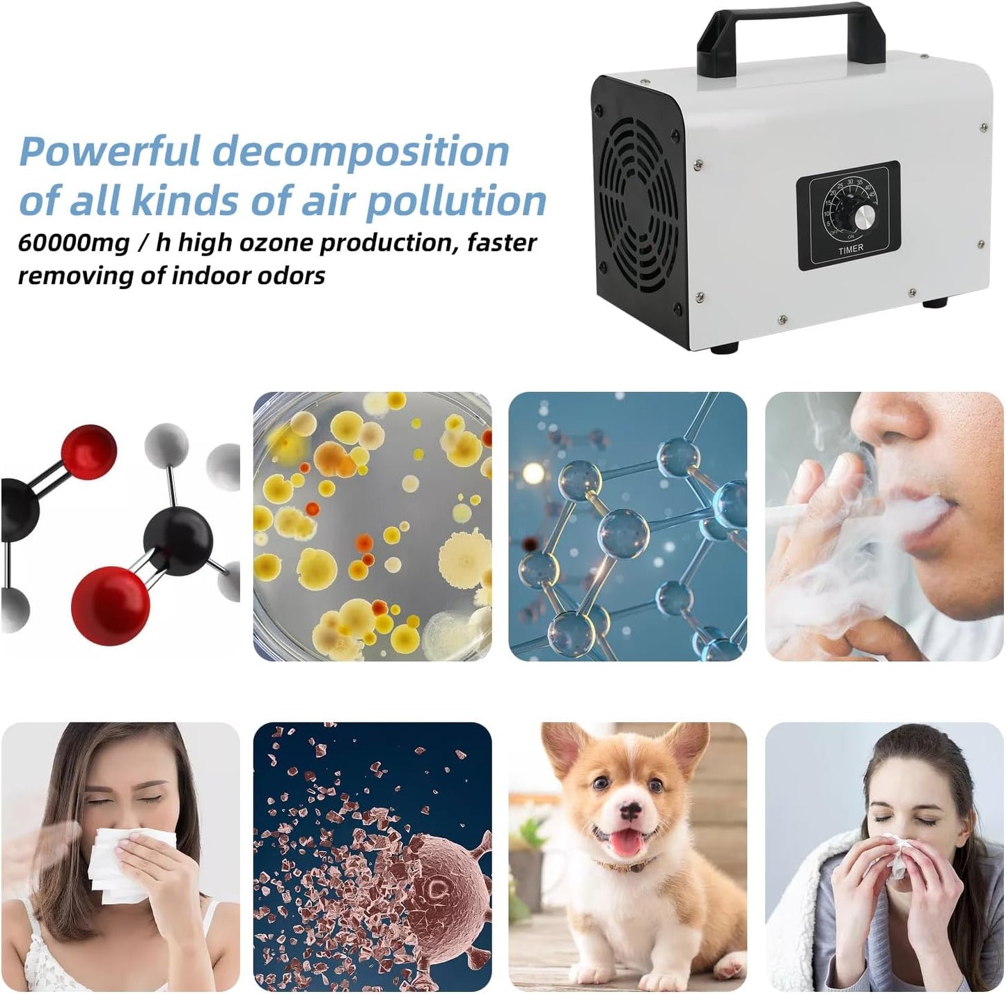 Ozone Generator 60,000 mg/H, CEIEVER Industrial O3 Air Purifier with 2 Modes Ozone Device with 120 Min Timer Ozoniser Industrial O3 Ozone Air Purifier 300 m² for Rooms Hotels Garages Farms