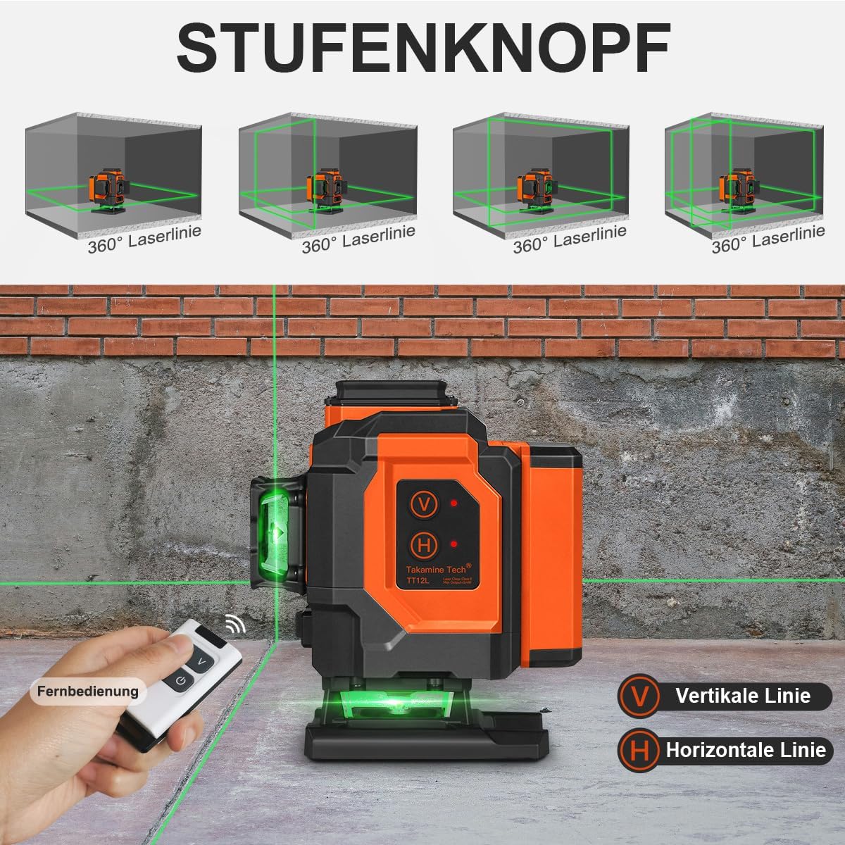 Cross Line Laser Green, 3 x 360 Degree Laser Spirit Level, Self-Levelling, 3D Cross Laser 12 Line Laser, Construction Laser for Indoor Construction Site, Wall Laser with Rechargeable Battery (Type-C)