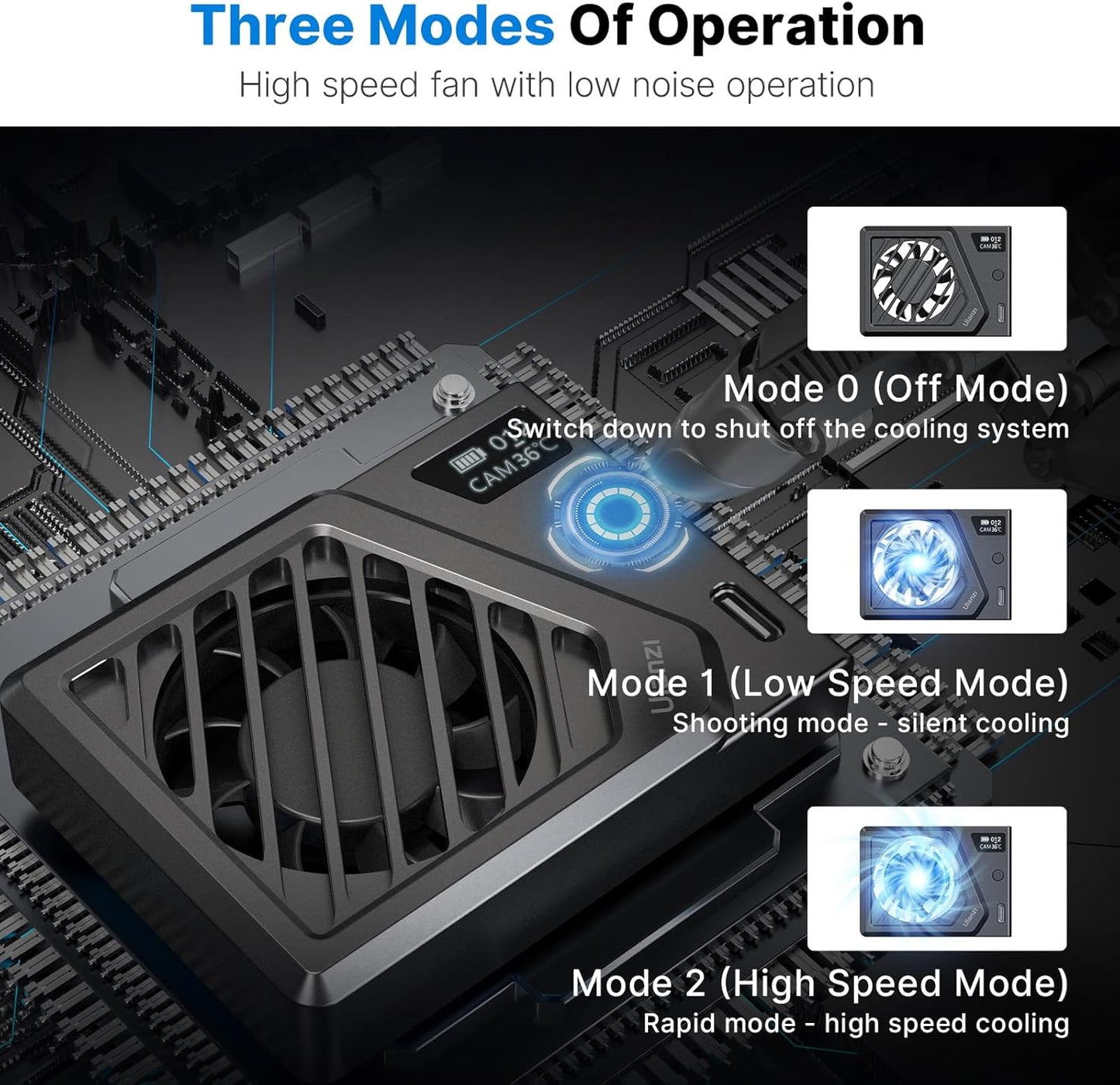 ULANZI Camera Cooling Fan Black New, Spring Telescopic Mounting Adjustable Mini Intelligent Cooling Fan Real-time Monitoring with Type-C Charging Port, Compatible with Sony Canon FUJIFILM Nikon