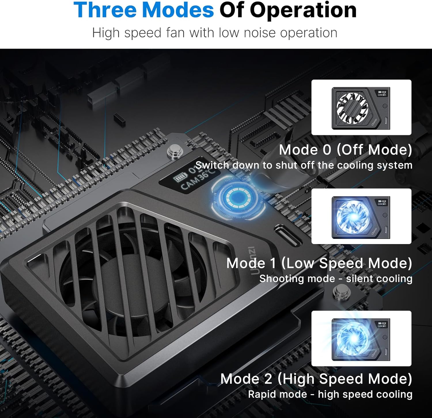 ULANZI Camera Cooling Fan Black New, Spring Telescopic Mounting Adjustable Mini Intelligent Cooling Fan Real-time Monitoring with Type-C Charging Port, Compatible with Sony Canon FUJIFILM Nikon