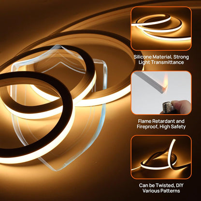 Neon LED Strip 5 m, Silicone Waterproof Fireproof IP65 LED Strip Warm White 3000 K 10 mm LED Fairy Lights Outdoor 230 V Flexible DIY Light Strip Outdoor with Power Supply for Home, Party,