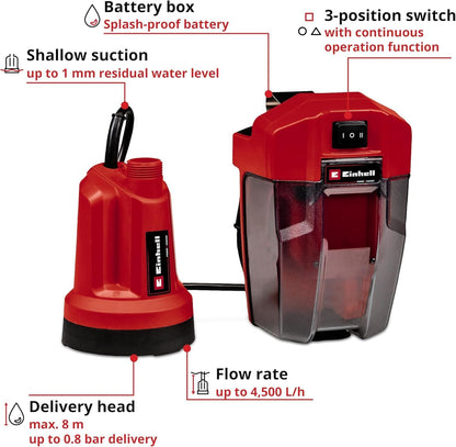 Pompa submersibila pentru apa curata Einhell GE-SP 18 LL Li, 18 V, 4500 l/h, cu baterie 4,0 Ah si incarcator rapid
