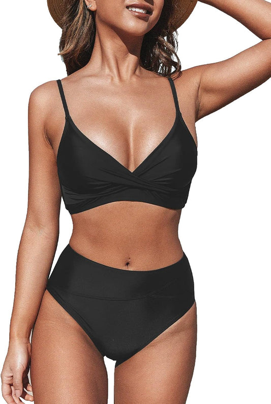 Costum de baie din doua piese CUPSHE, bustiera incrucisata si talie inalta, marimea XL, negru