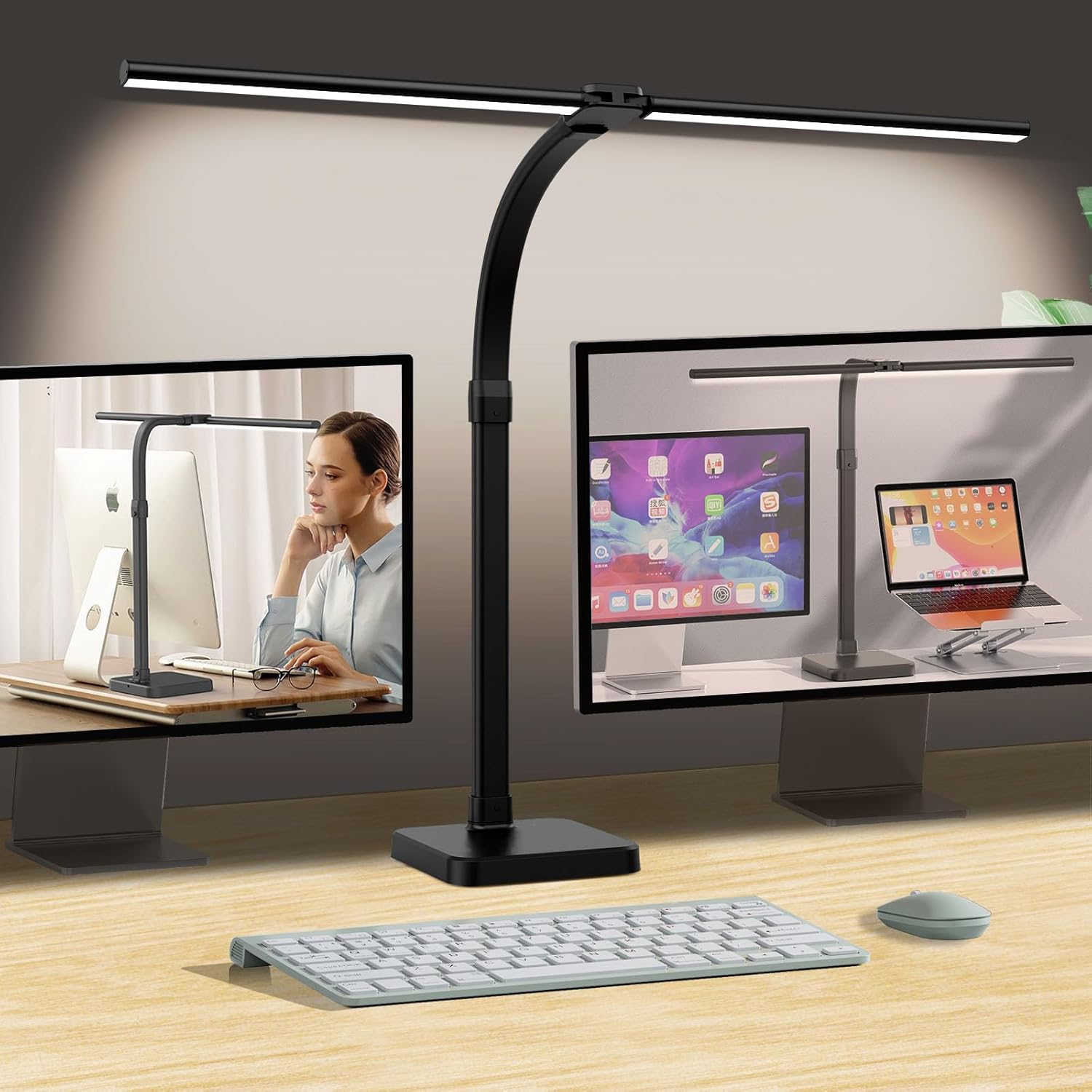 tantu Desk Lamp LED Dimmable, Desk Lamp with 15 W Wireless Charging and USB Charging Function, 24 W 80 cm Double Head Desk Lamp, 5 Colours, 5 Brightness Levels, Office Lamp Gooseneck (Black)