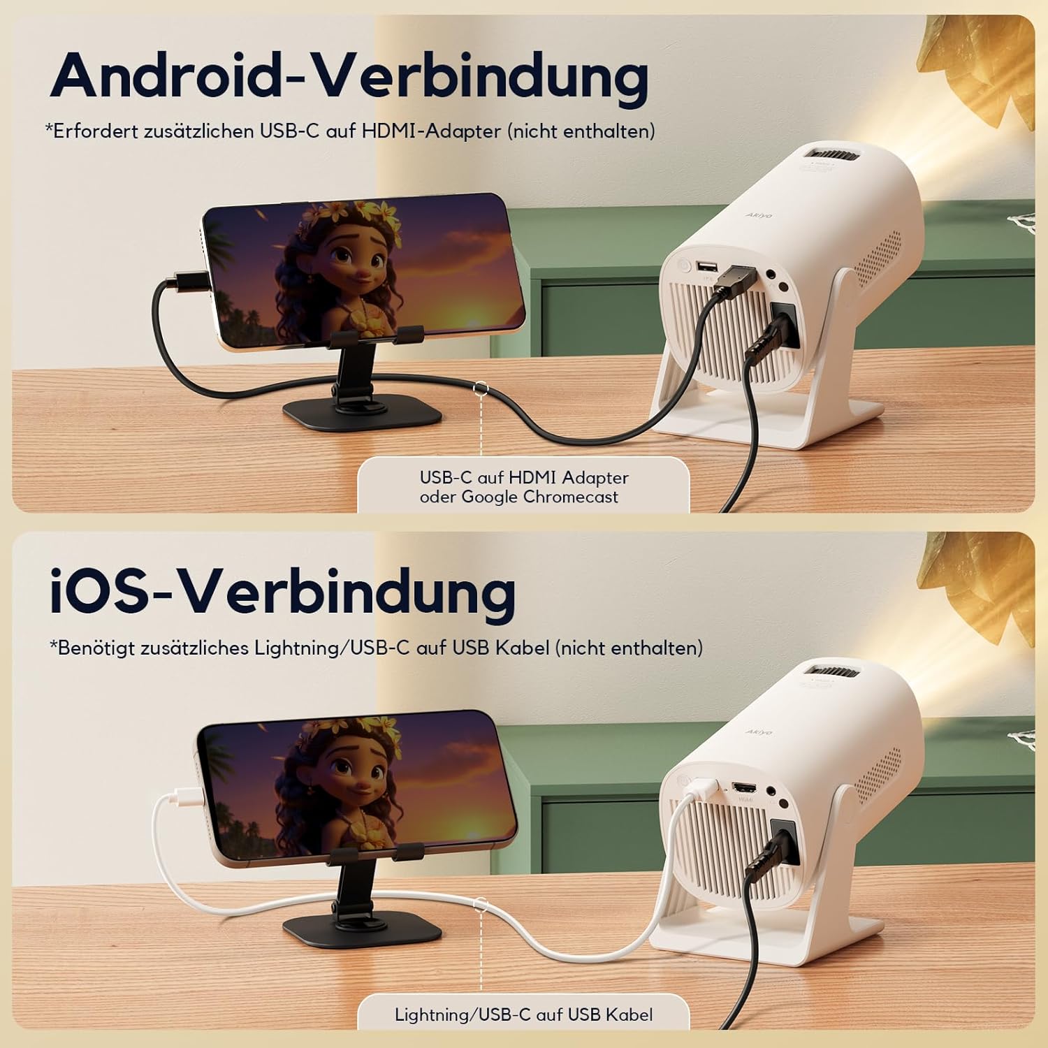 AKIYO Mini Beamer【Automatische Trapezkorrektur】200 ANSI Beamer Handy Full HD 1080P Unterstützt mit Bluetooth 5.2, 270° Drehung und 50% Zoom Projektor Kompatibel mit iOS/Android/PS5/Fire Stick/HDMI/USB
