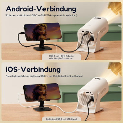 AKIYO Mini Beamer【Automatische Trapezkorrektur】200 ANSI Beamer Handy Full HD 1080P Unterstützt mit Bluetooth 5.2, 270° Drehung und 50% Zoom Projektor Kompatibel mit iOS/Android/PS5/Fire Stick/HDMI/USB
