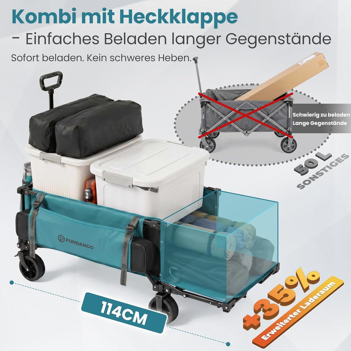 Carucior pliabil XXL FUNDANGO, 180 kg, 200 L, 114 cm, cu panou rabatabil si roti pentru toate terenurile