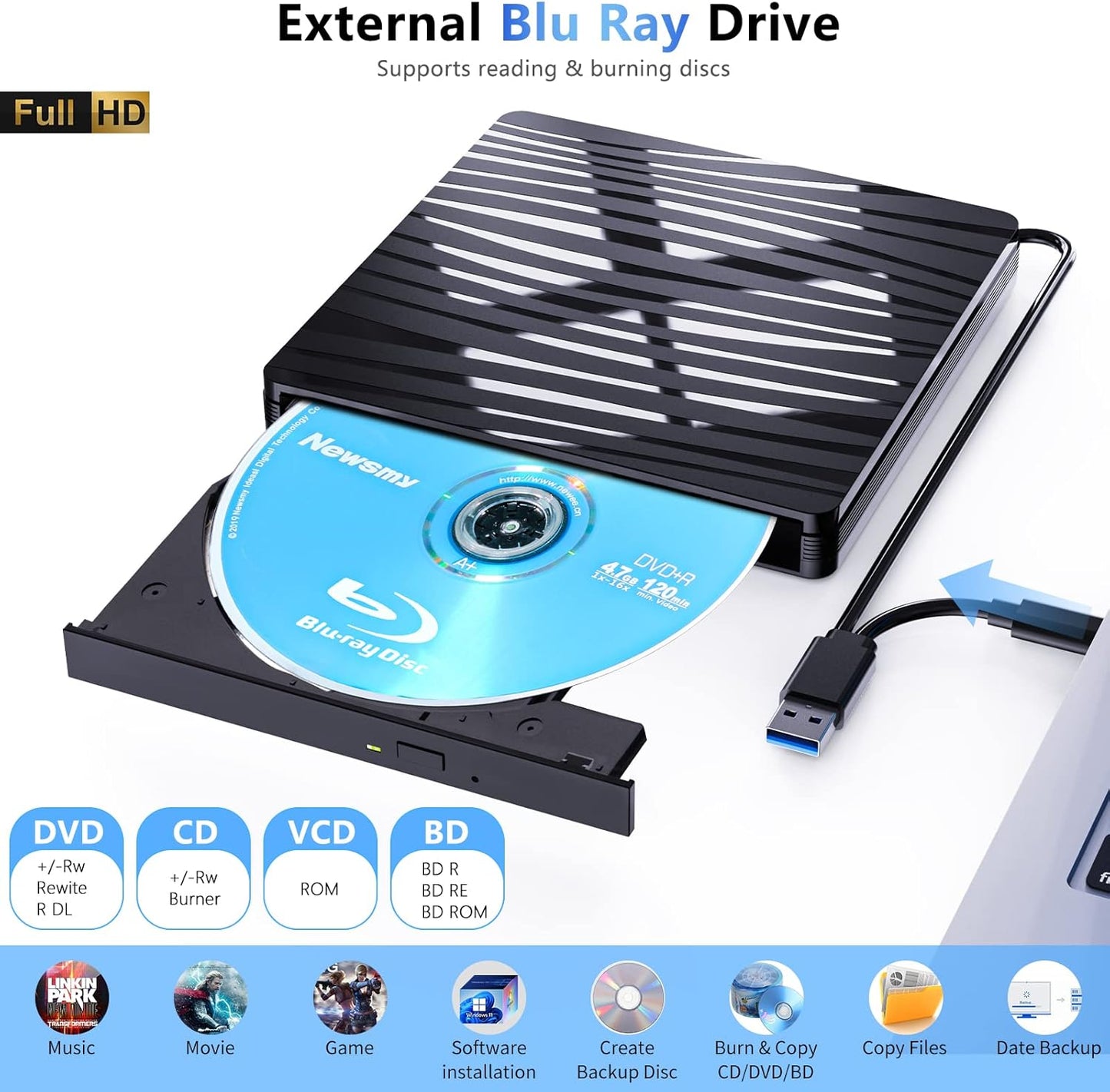QDSYLQ External Blu Ray Drive 50G, Type-C & USB 3.0 HD 1080P Bluray Drive External Blu Ray Drive External BD CD DVD ROM RW Blu-ray Drive for Laptop PC Mac Windows 11/10/8/7/XP/Linux/MacOS