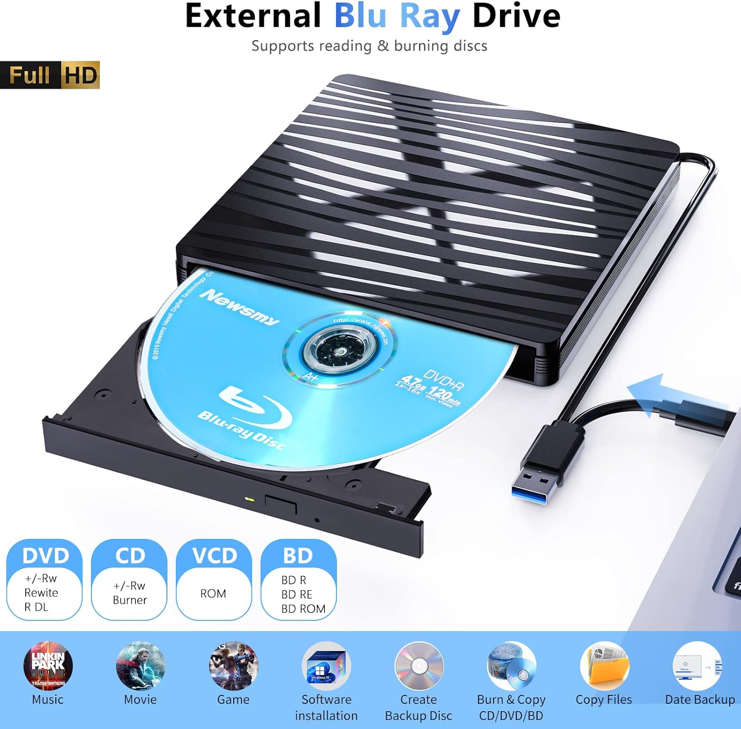 QDSYLQ External Blu Ray Drive 50G, Type-C & USB 3.0 HD 1080P Bluray Drive External Blu Ray Drive External BD CD DVD ROM RW Blu-ray Drive for Laptop PC Mac Windows 11/10/8/7/XP/Linux/MacOS